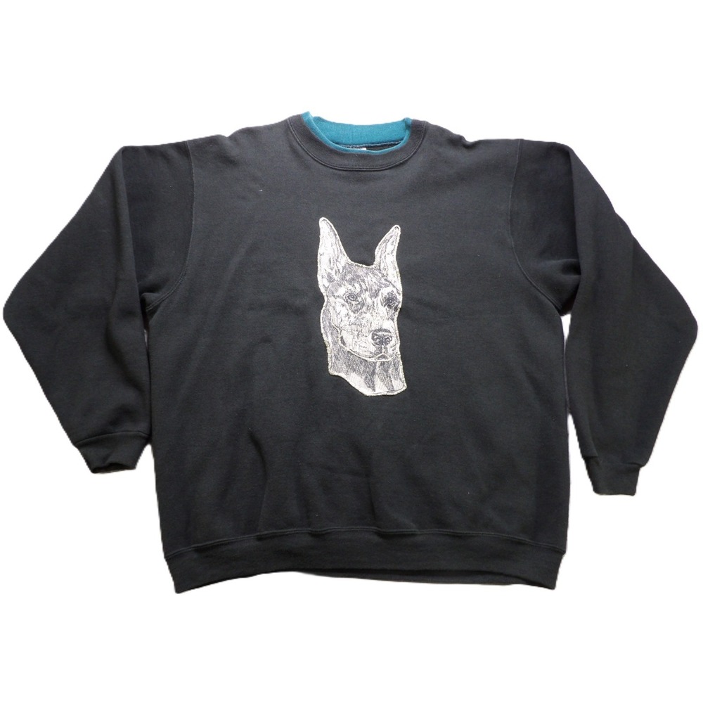 VTG Hanes Doberman Sweatshirt Men XL Black Dog Graphics LS 90s Crewneck USA Made